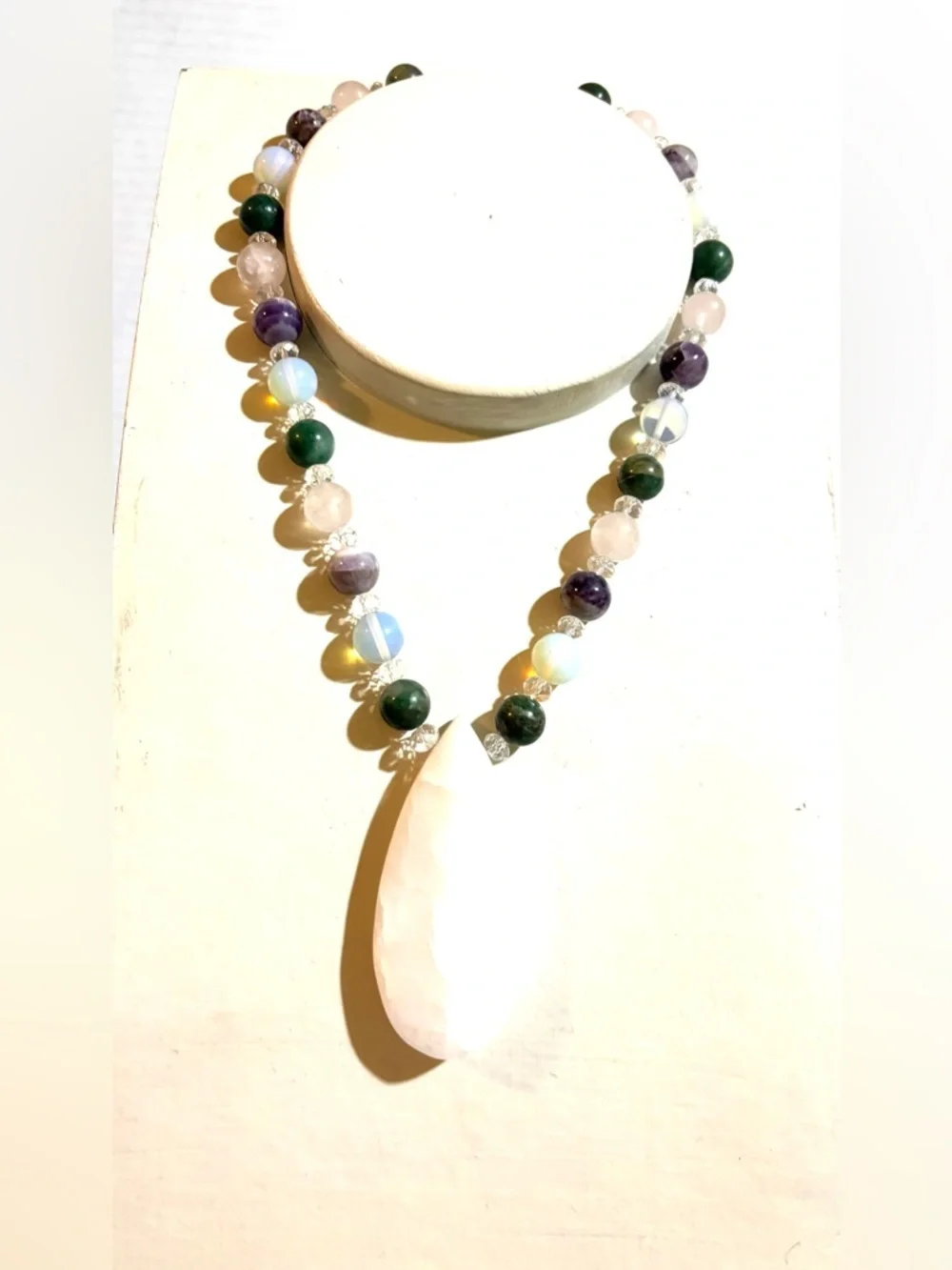 Multicolor Beaded Necklace with White Teardrop Pendant
